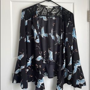 Hazel brand, navy with cranes, wrap shirt